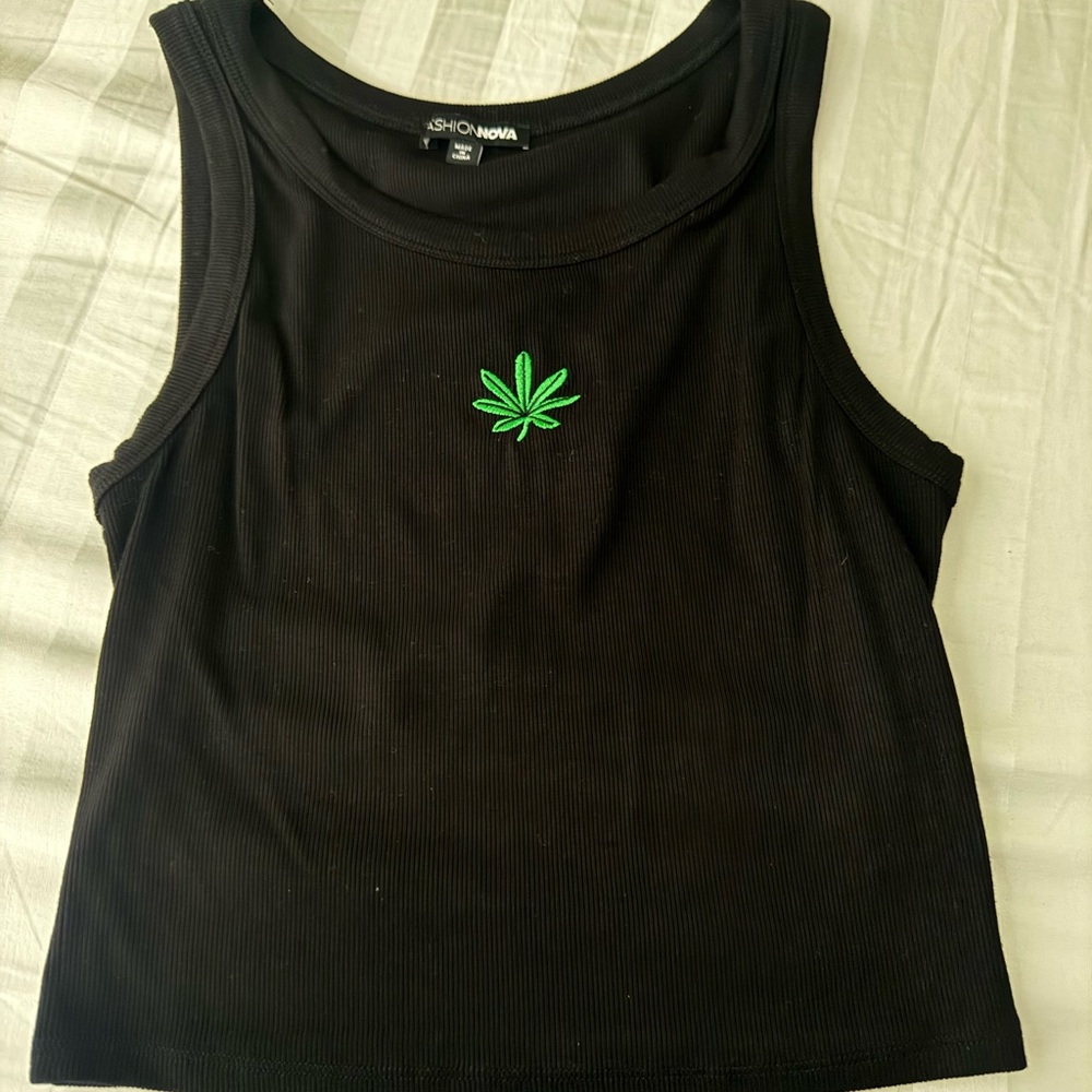 Fashion Nova Black Tank Top with Green Leaf Accent